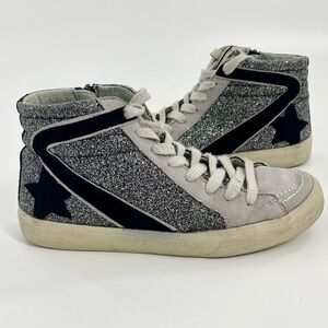 Shu Shop Roxanne Black Silver shiny Mid High Top Sneaker Tennis Shoe Women's 7